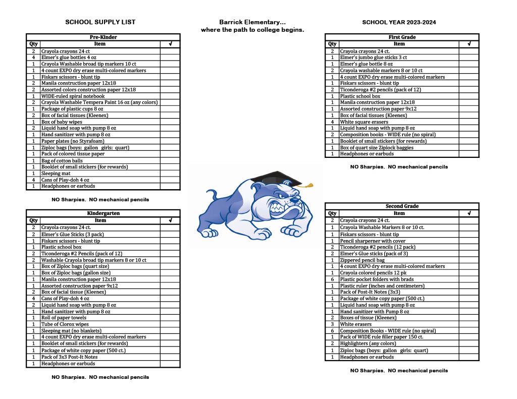  PreK- 2nd School Supply List